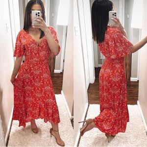 Abel The Label Boho Tiered Maxi Dress Women Small Cottagecore Red Flutter Sleeve